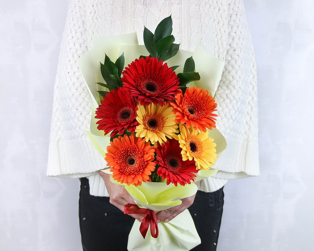 Букет з 7 гербер стандарт мікс у стильній упаковці із зеленню