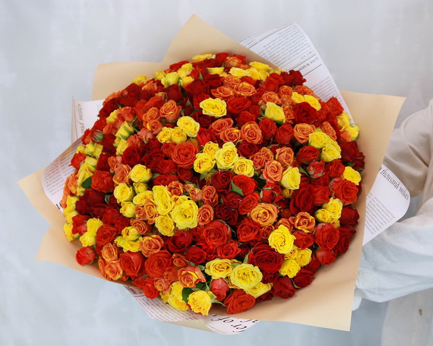 Букет із 101 кущової троянди яскравий мікс у стильній упаковці