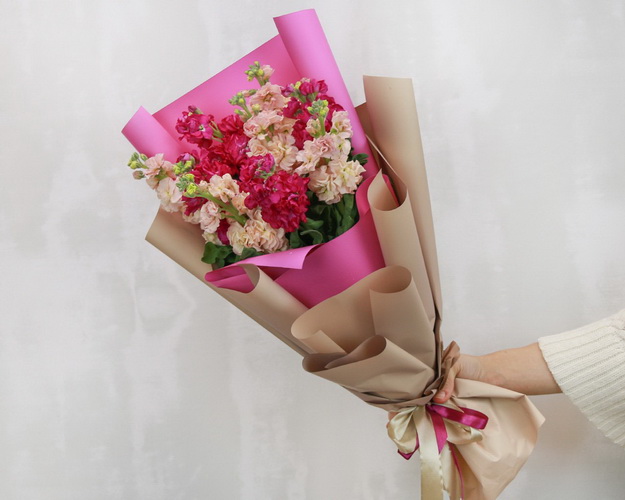 Букет з 11 матіол яскравий мікс у дизайнерській упаковці