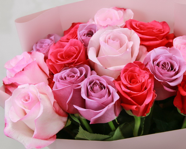 Букет із 15 троянд розовий мікс в упаковці