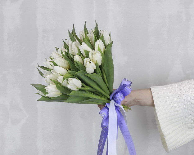 Букет із 25 білих тюльпанів стандарт під стрічку