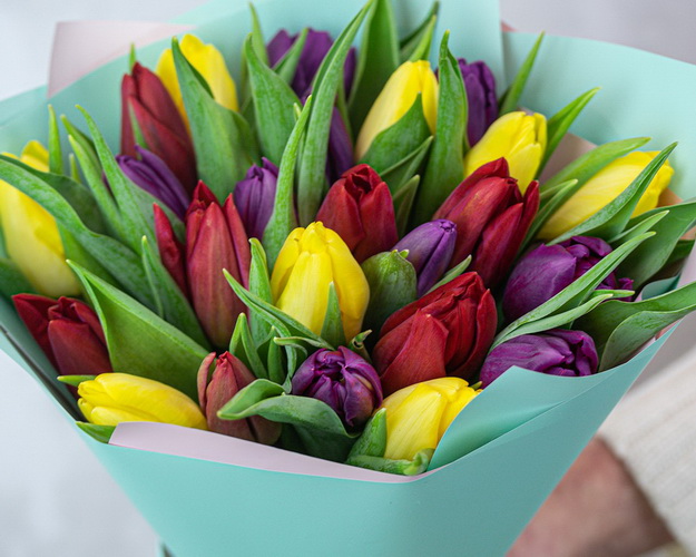 Букет із 25 тюльпанів яскравий мікс в упаковці