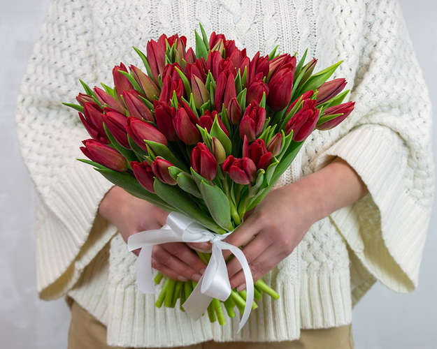 Букет із 51 червоного тюльпану під стрічку
