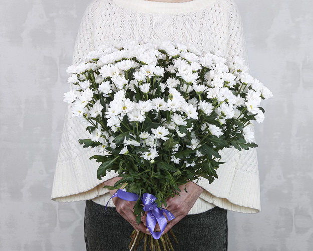 Букет із 25 білих кущових хризантем під стрічку