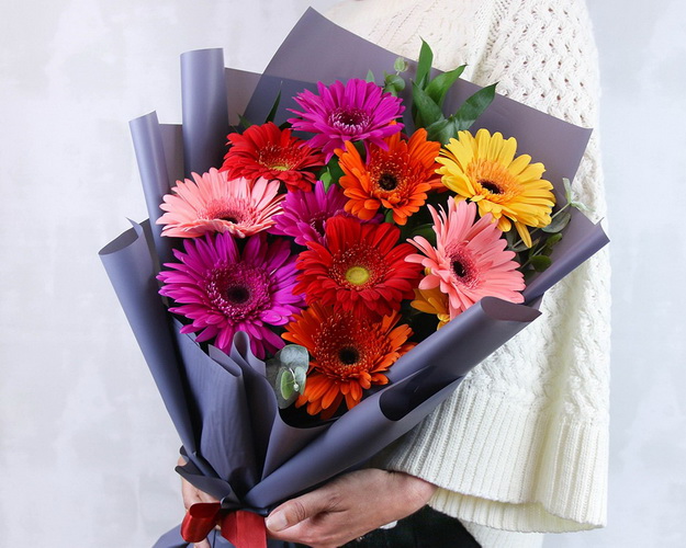 Букет з 11 Гербер стандарт мікс у стильній упаковці із зеленню