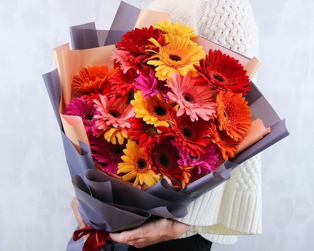 Букет з 25 гербер стандарт мікс у стильній упаковці