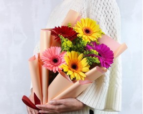 Букет з 5 гербер стандарт мікс у стильній упаковці із зеленню