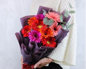 Букет з 9 гербер стандарт мікс у стильній упаковці із зеленню