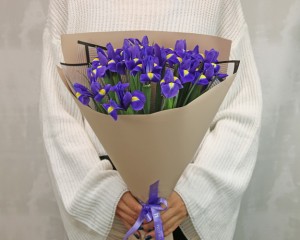 Букет із 15 синіх ірисів у стильній упаковці.