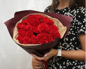 Букет із 25 червоних гвоздик у стильній упаковці.