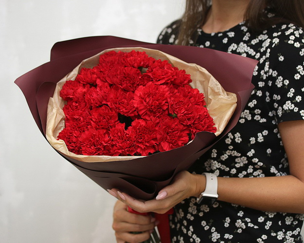 Букет із 25 червоних гвоздик у стильній упаковці.