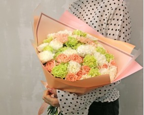 Букет з 51 діантуса (гвоздики) ніжний мікс у дизайнерській упаковці