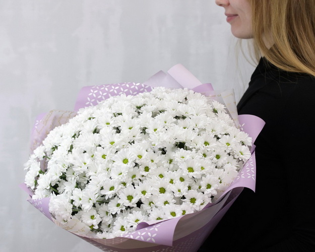 Букет із 49 білих кущових хризантем в стильній упаковці