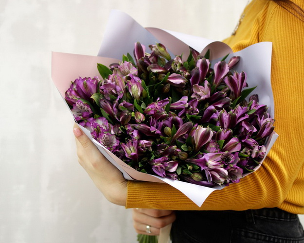 Букет із 35 фіолетових альстромерій у стильній упаковці.