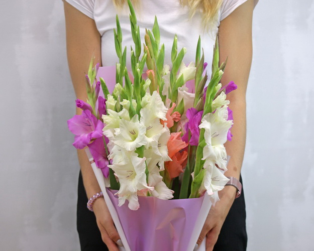 Букет з 11 гладіолусів мікс у дизайнерській упаковці