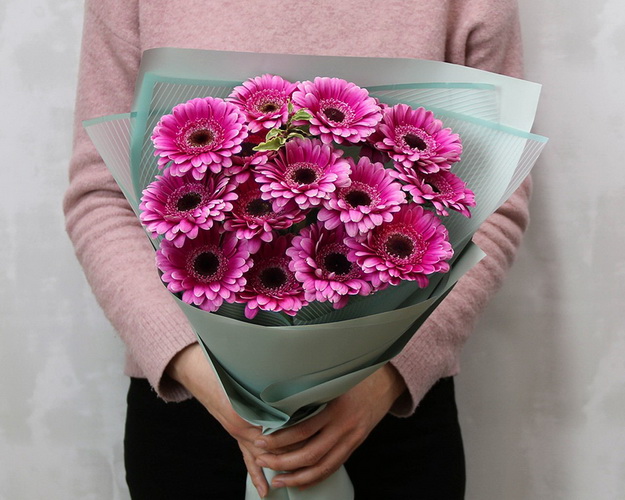 Букет із 15 малинових міні гербер у стильній упаковці із зеленню.