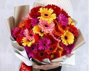 Букет з 49 гербер стандарт мікс у стильній упаковці