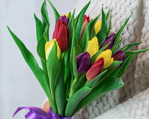 Букет із 15 тюльпанів яскравий мікс під стрічку