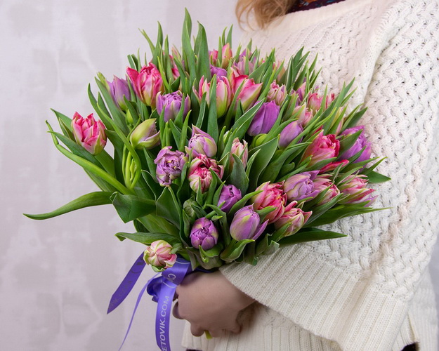 Букет з 51 тюльпану піоноподібного мікс під стрічку