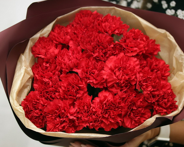 Букет із 25 червоних гвоздик у стильній упаковці.