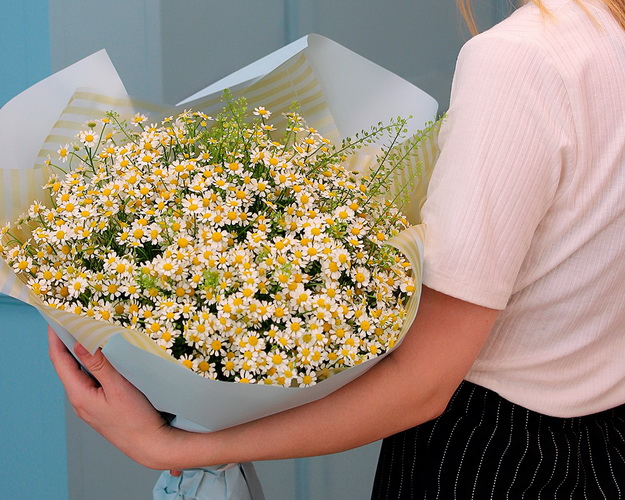 Букет із 25 матрикарій із зеленню в стильній упаковці