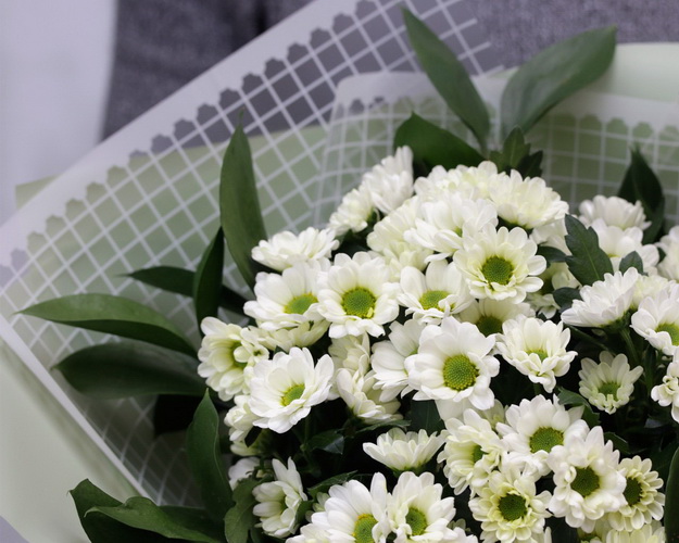Букет із 11 білих кущових хризантем із зеленню