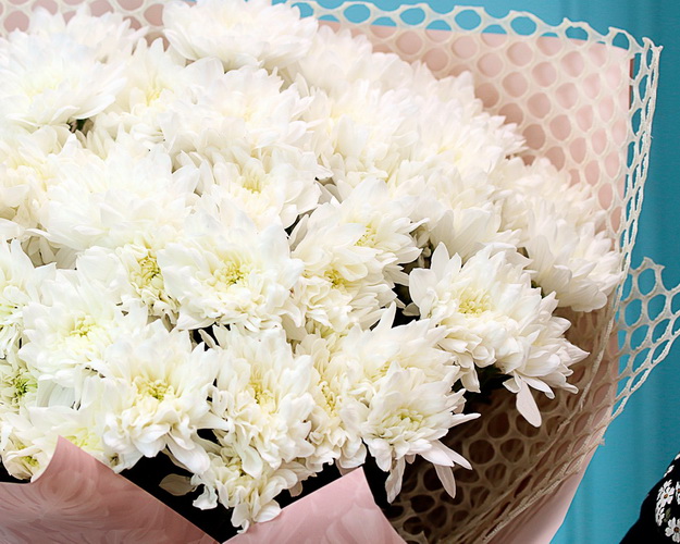 Букет із 9 білих кущових хризантем в дизайнерській упаковці