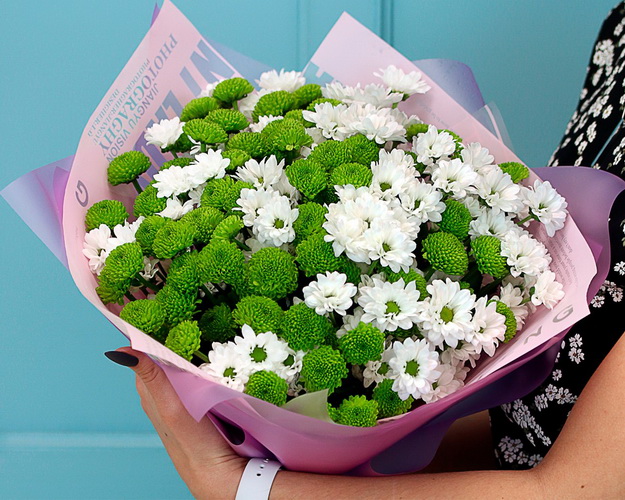 Букет із 25 кущових хризантем в упаковці