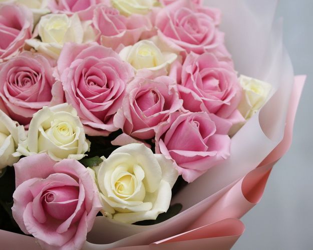 Букет з 39 рожевих і білих троянд в упакуванні