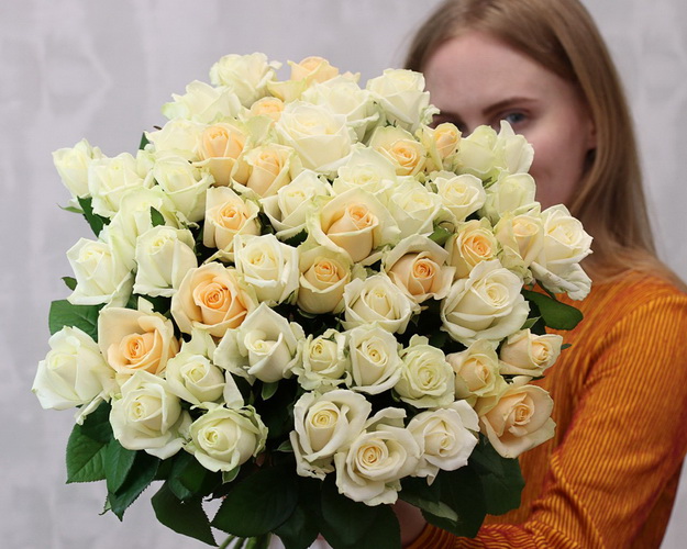 Букет із 51 троянди кремовий мікс під стрічку