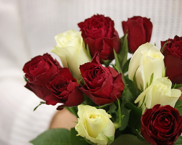 Букет з 11 червоних та білих троянд мікс