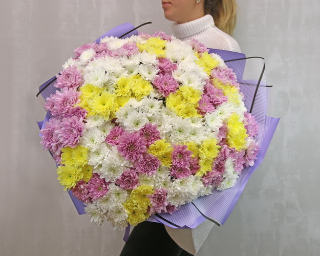 Букет із 51 кущової хризантеми мікс у стильній упаковці