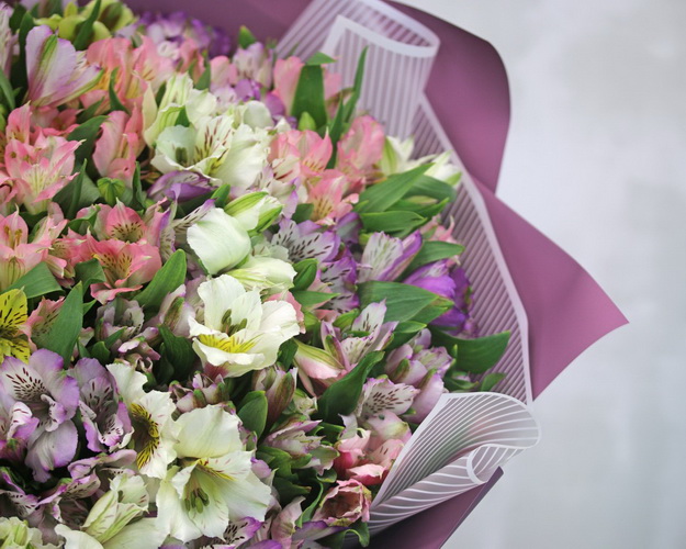Букет із 51 альстромерії ніжний мікс в упаковці