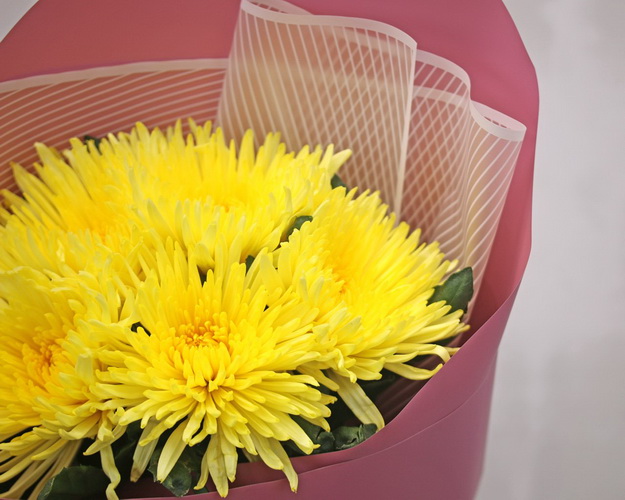 Букет із 5 жовтих хризантем в стильній упаковці.