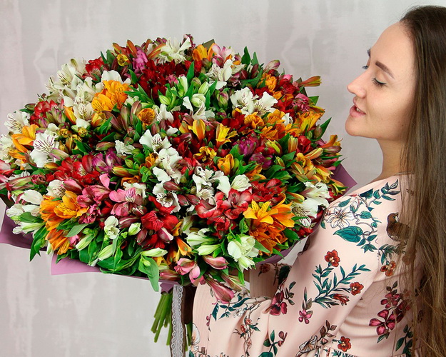 Букет із 101 яскравої альстромерії мікс у стильній упаковці.