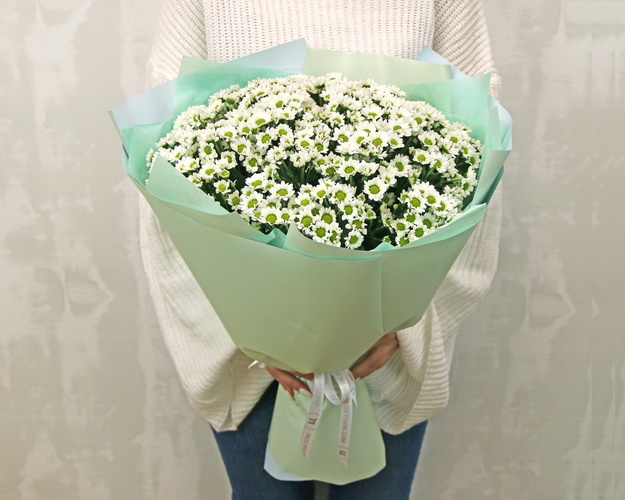 Букет із 25 білих кущових хризантем в стильній упаковці