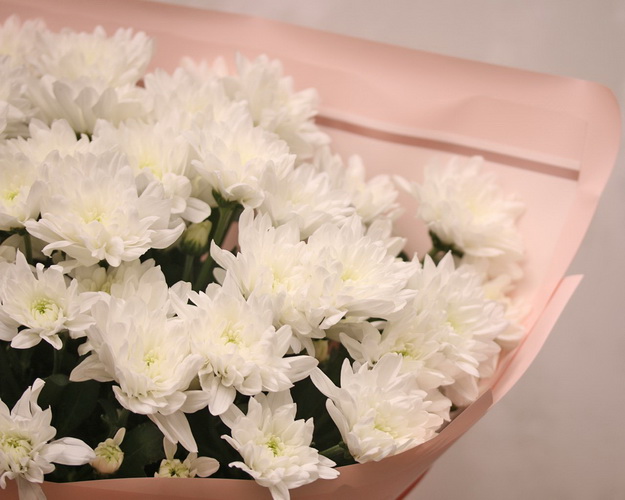 Букет із 9 білих кущових хризантем у стильній упаковці.