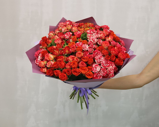 Букет з 25 кущових мік червоних троянд в упакуванні