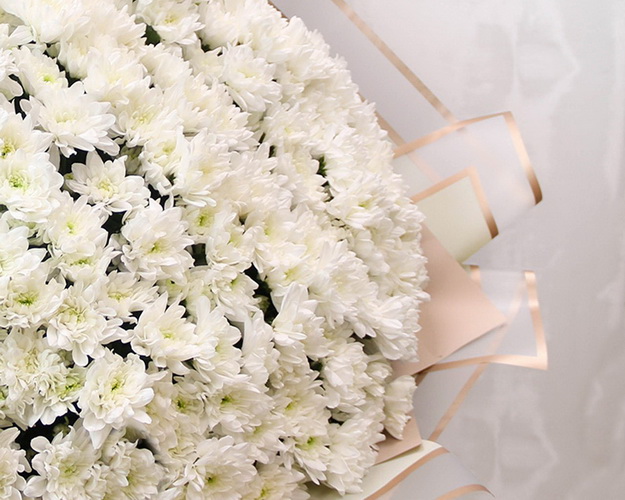 Букет із 35 білих кущових хризантем в стильній упаковці