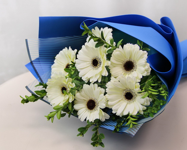 Букет із 7 білих міні гербер у стильній упаковці із зеленню