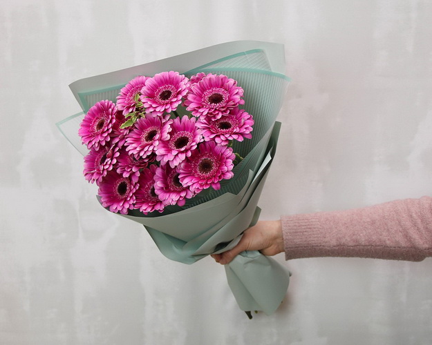 Букет із 15 малинових міні гербер у стильній упаковці із зеленню.