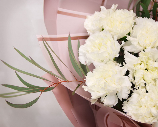 Букет із 15 білих гвоздик у стильній упаковці із зеленню