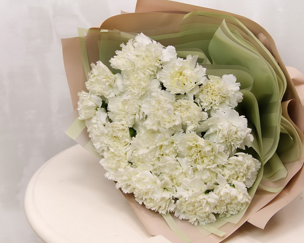 Букет із 25 білих гвоздик у стильній упаковці.