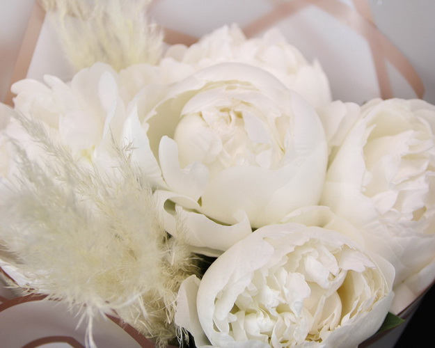 Букет з 5 білих півоній у дизайнерській упаковці